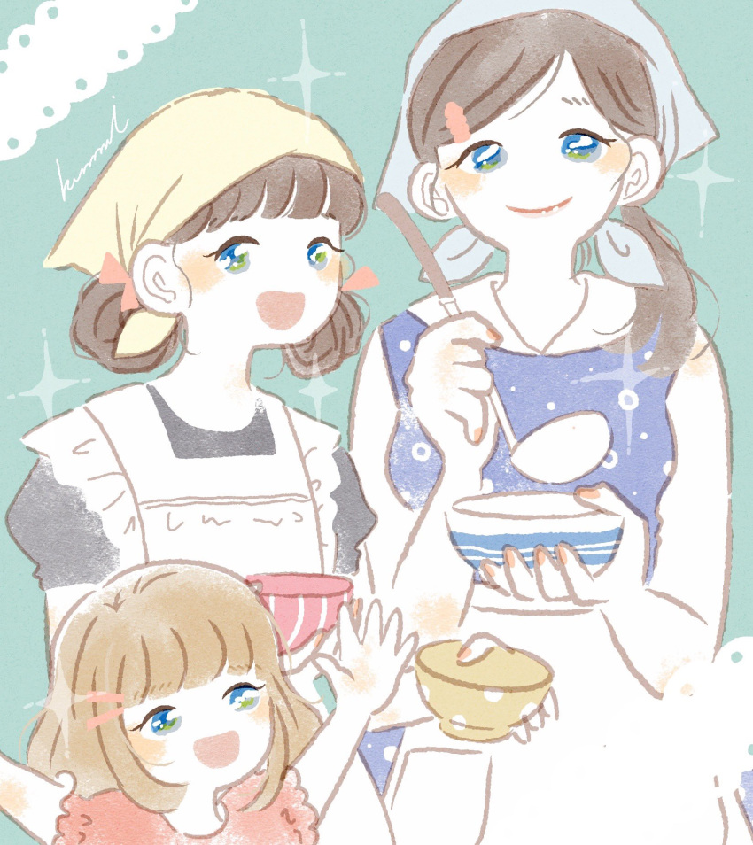 3girls, apron, aqua_background, aqua_headband, arms_up, bangs, blue_dress, blue_eyes