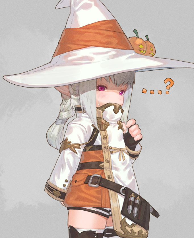 ...?, 1girl, bangs, black_gloves, braid, commentary_request, commission, covered_mouth, dress, final_fantasy, final_fantasy_xiv, fingerless_gloves, gloves, grey_background, grey_hair, hand_up, hat, jack-o'-lantern, lalafell, long_hair, long_sleeves, looking_at_viewer, orange_dress, pointy_ears, simple_background, skeb_commission, solo, thigh-highs, uori, violet_eyes, white_headwear, white_legwear, witch_hat