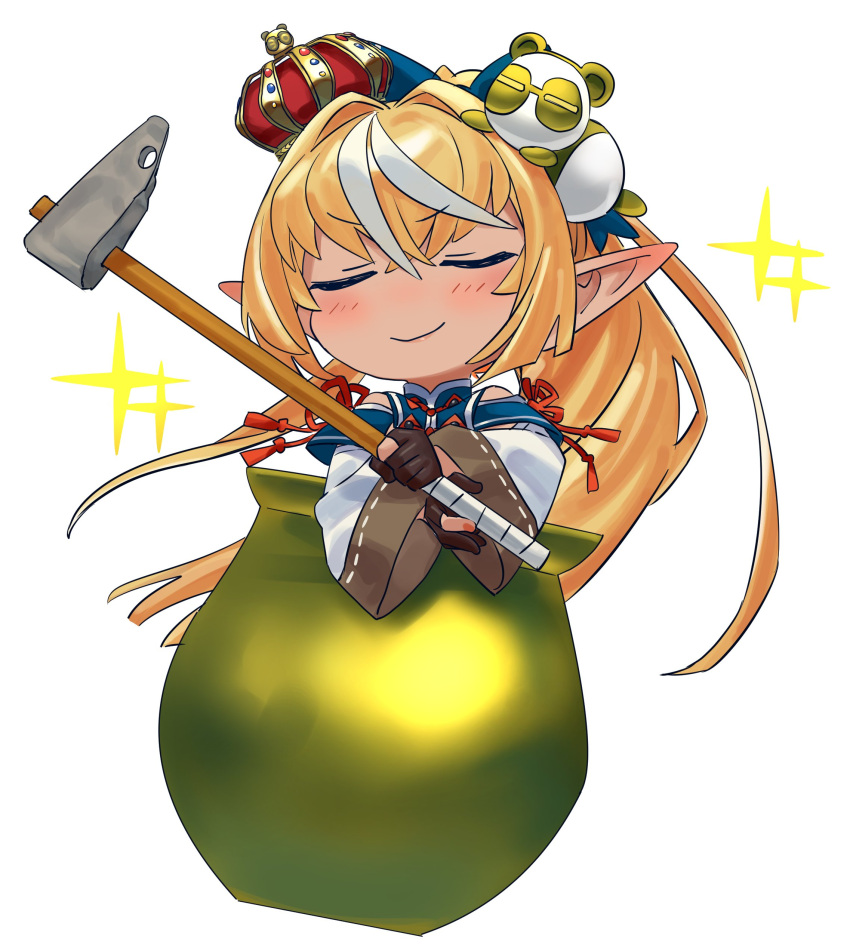 1girl, absurdres, brown_gloves, cauldron, chibi, closed_eyes, crown, getting_over_it
