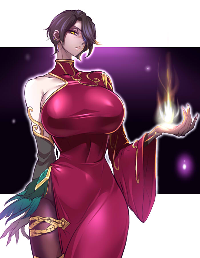 1girl, asymmetrical_clothes, bangs, black_hair, breasts, cinder_fall, dress, earrings, elbow_gloves, fire, fireball, gloves, hair_over_one_eye, jewelry, large_breasts, looking_at_viewer, pantyhose, puropera_(puropera), red_dress, rwby, scar, scar_on_face, short_hair, side_slit, single_sleeve, solo, swept_bangs, thigh_strap, thighs, upper_body, wide_sleeves, yellow_eyes