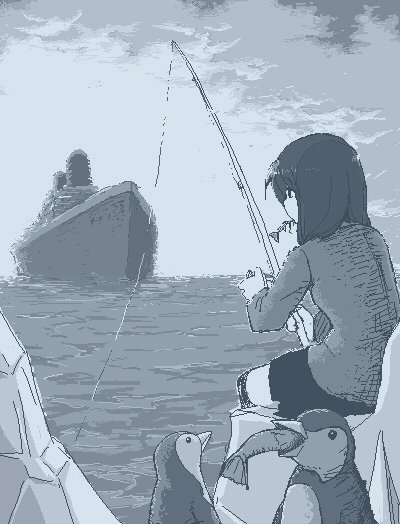 1girl, bird, blazer, day, eating, fish, fish_bone, fishing