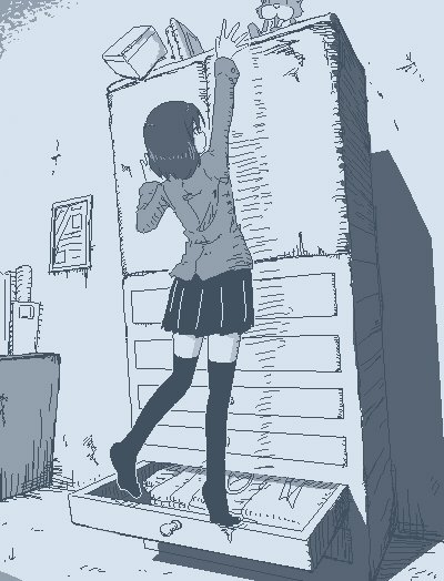 1girl, arm_up, attempted_suicide, blazer, book, box, cabinet, drawer