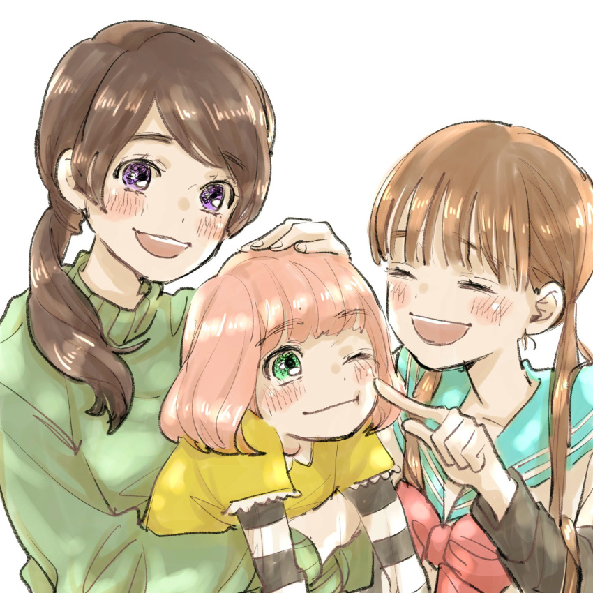 3girls, arms_around_waist, bangs, blue_sailor_collar, blunt_bangs, blush_stickers, bob_cut, brown_hair