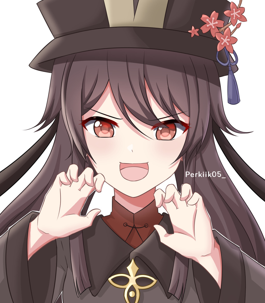1girl, :d, artist_name, bangs, black_hair, chinese_clothes, claw_pose, close-up