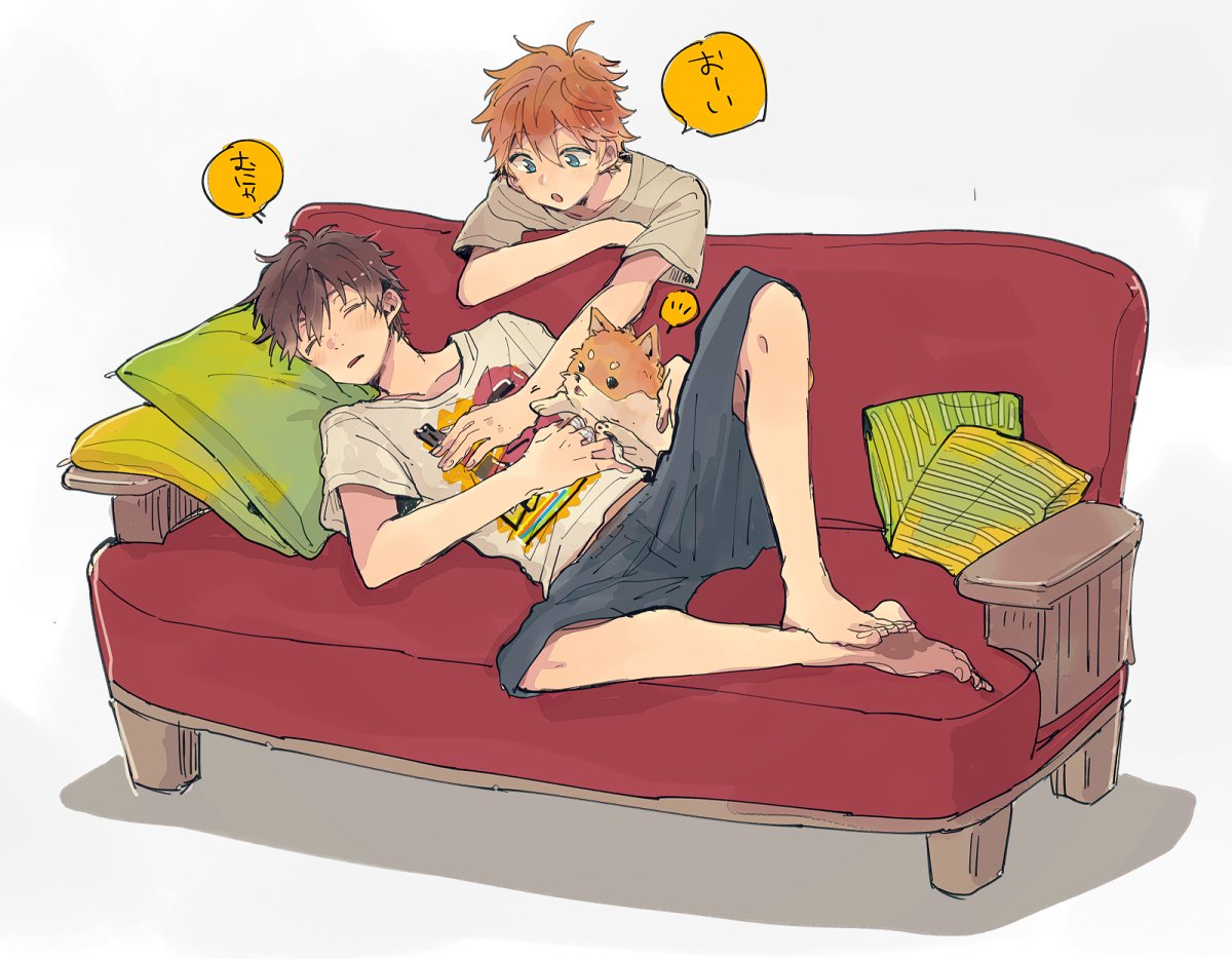 2boys, akehoshi_subaru, barefoot, blue_eyes, brown_hair, closed_eyes, couch, daikichi_(ensemble_stars!), dog, ensemble_stars!, lying, mitobinyo, morisawa_chiaki, multiple_boys, on_couch, orange_hair, pillow, shiba_inu, short_hair, shorts, sitting