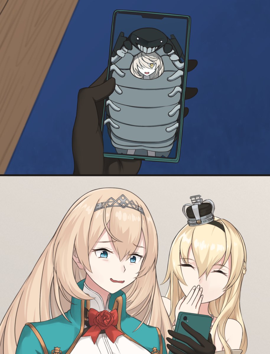 3girls, abyssal_ship, bare_shoulders, black_gloves, black_hairband, blonde_hair, blue_eyes, bow