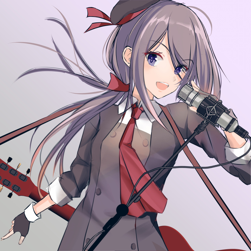 1girl, absurdres, ariake_(kancolle), bangs, black_gloves, black_headwear, eyebrows_visible_through_hair, fingerless_gloves, gloves, hair_ribbon, hat, highres, holding, holding_microphone, kantai_collection, kepyrtca, long_hair, low_ponytail, microphone, one-hour_drawing_challenge, open_mouth, ponytail, purple_background, red_neckwear, red_ribbon, ribbon, simple_background, solo, upper_body, violet_eyes