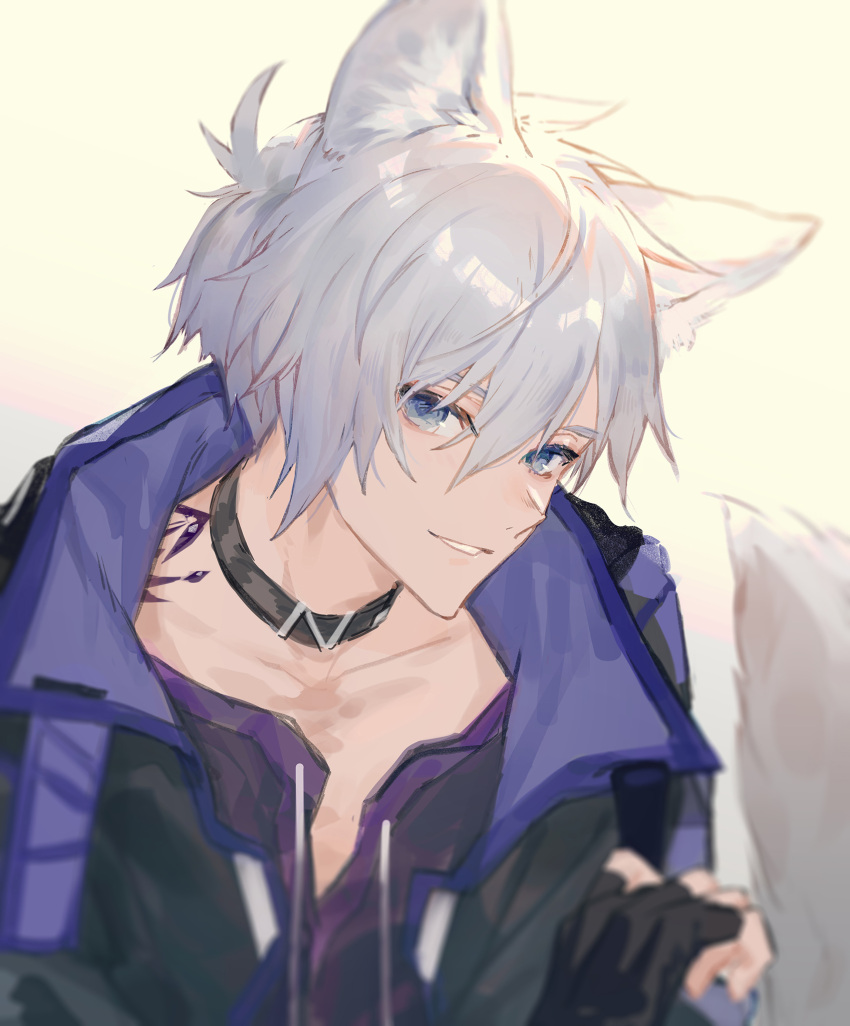 1boy, animal_ears, arknights, bangs, black_gloves, black_jacket, blue_eyes, dog_boy
