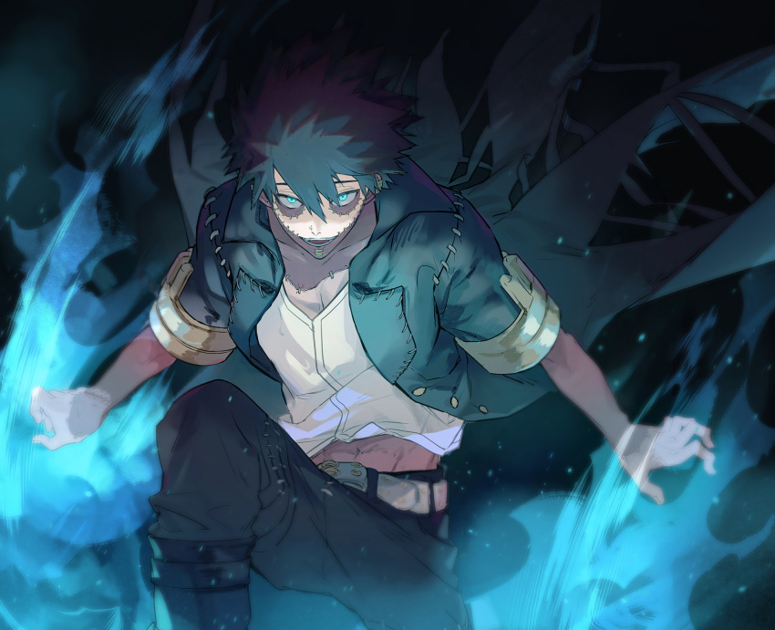 1boy, bangs, belt, black_coat, black_footwear, black_hair, black_pants, blue_eyes