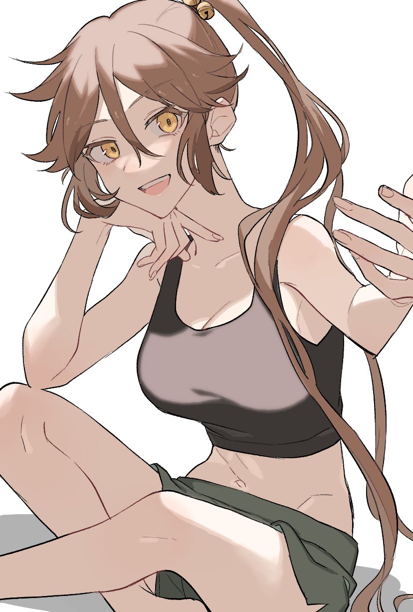 1girl, black_sports_bra, brown_hair, ensemble_girls!, highres, long_hair, midriff, ponytail, sanjou_gin, sitting, smile, solo, sports_bra, sportswear, sumibiya_yasain