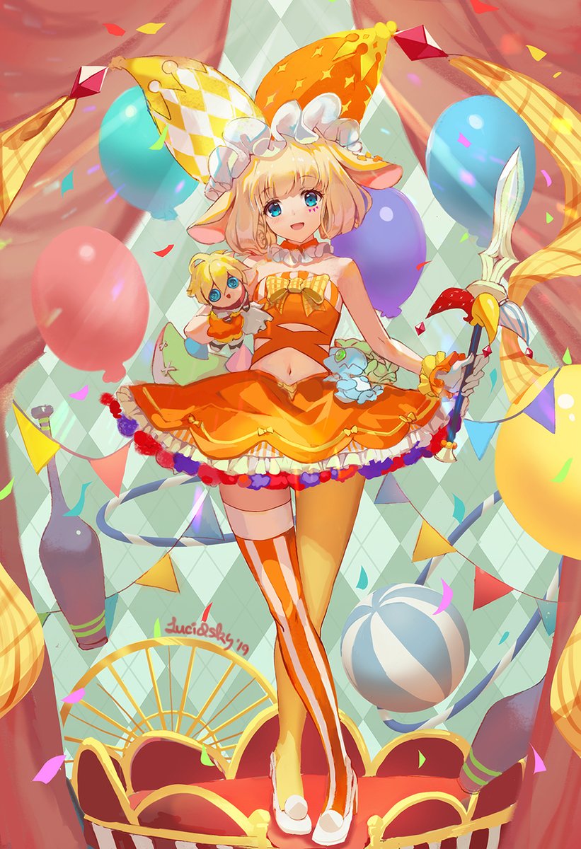 1girl, annelie_(dragalia_lost), blonde_hair, blue_eyes, breasts, circus, dagger, dragalia_lost, full_body, high_heels, highres, holding, holding_dagger, holding_weapon, knife, looking_at_viewer, lucidsky, medium_hair, navel, small_breasts, solo, weapon