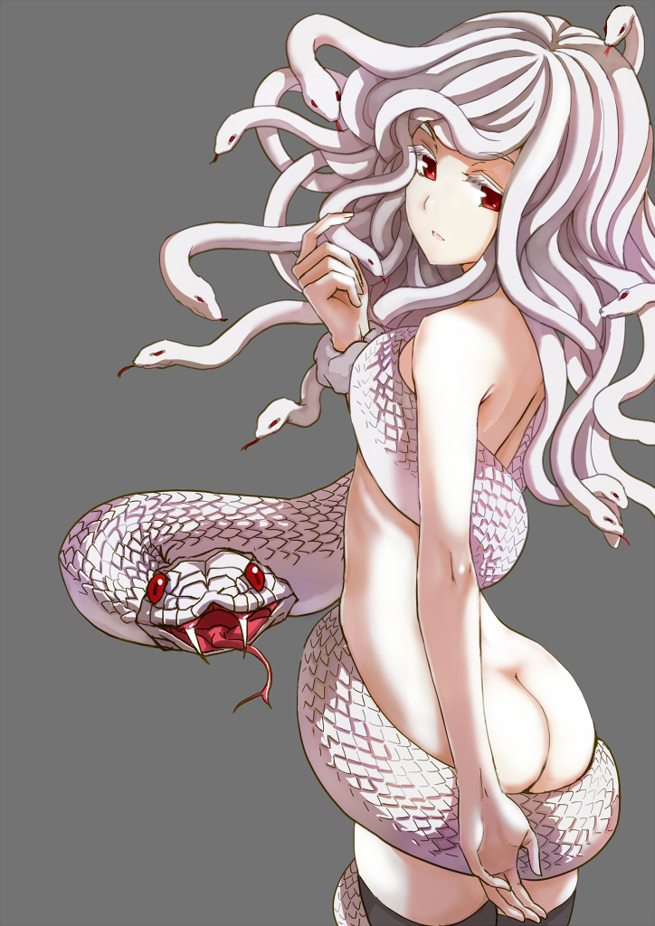 1girl, ass, bakemonogatari, black_legwear, fangs, kuronuko_neero, long_hair, looking_at_viewer