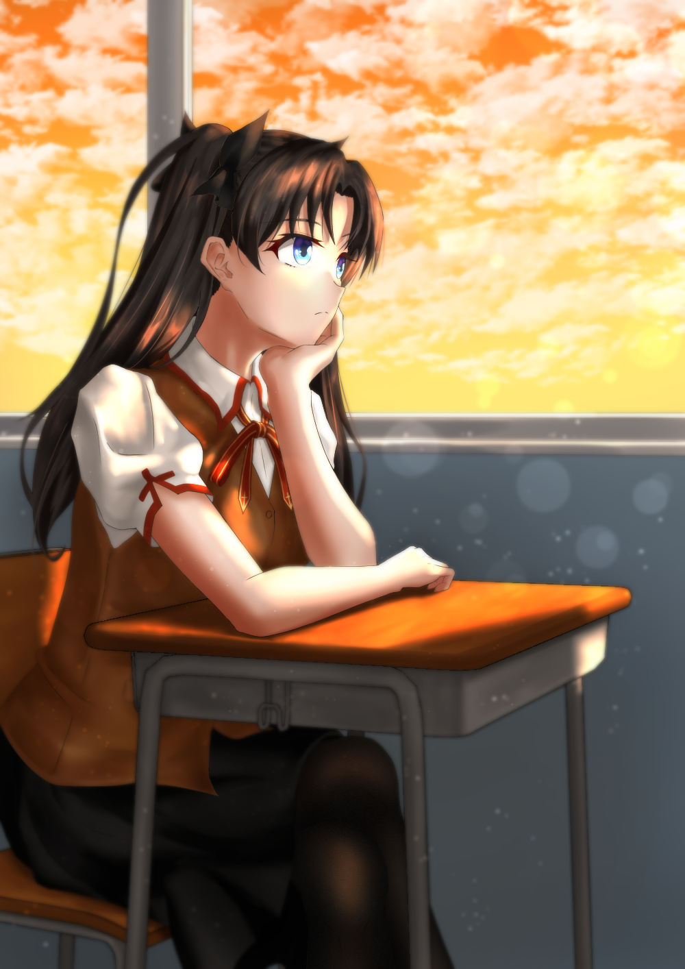 1girl, ash_(skyafter), blue_eyes, brown_hair, brown_vest, classroom, desk, expressionless