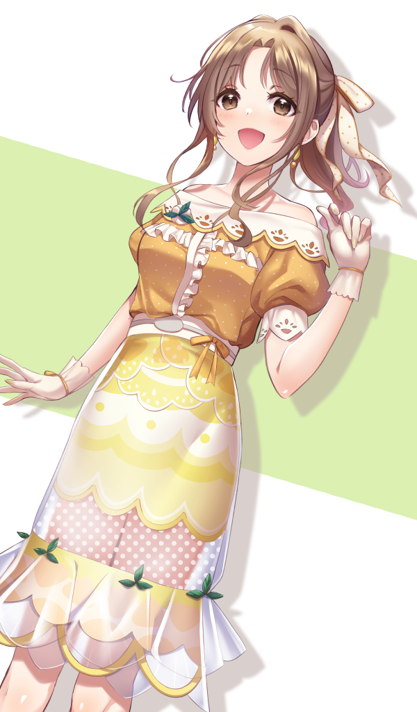 1girl, alternate_costume, bangs, bare_shoulders, brown_eyes, brown_hair, dutch_angle, earrings