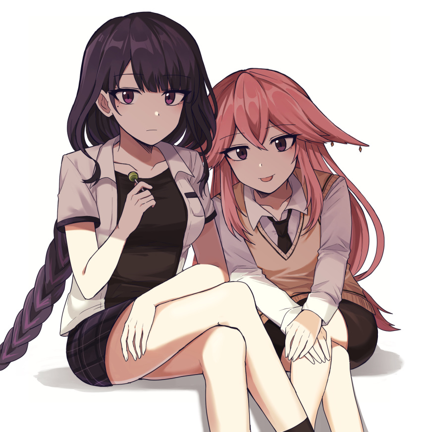2girls, :p, alternate_costume, bangs, blush, braid, braided_ponytail, breasts