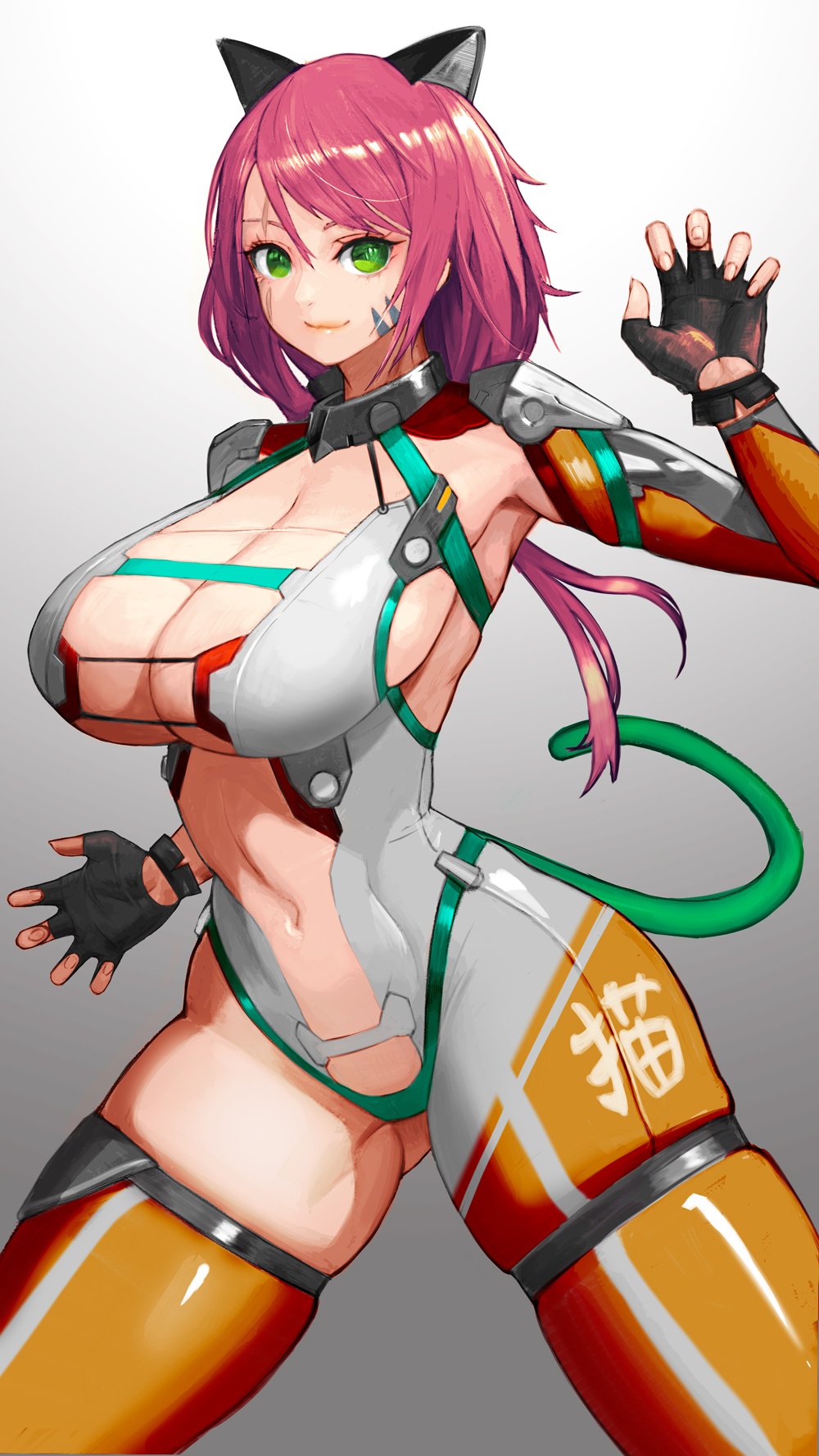 1girl, animal_ears, breasts, commission, commissioner_upload, facial_tattoo, gloves, green_eyes