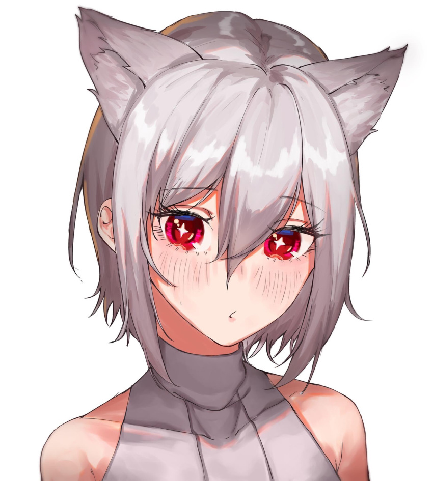 +_+, 1girl, animal_ears, bad_id, bad_twitter_id, bare_shoulders, blush, bob_cut
