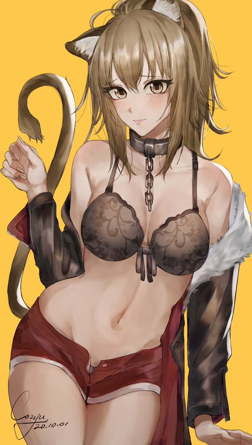 1girl, absurdres, animal_ears, arknights, blonde_hair, blush, bra, breasts