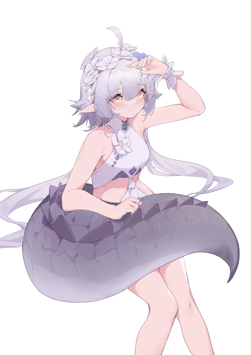 1girl, absurdres, ahoge, arknights, arm_up, bangs, bare_arms, bare_legs