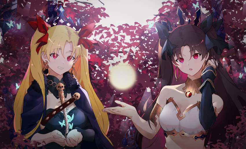 2girls, bangs, bare_shoulders, black_hair, blonde_hair, breasts, crown, ereshkigal_(fate)
