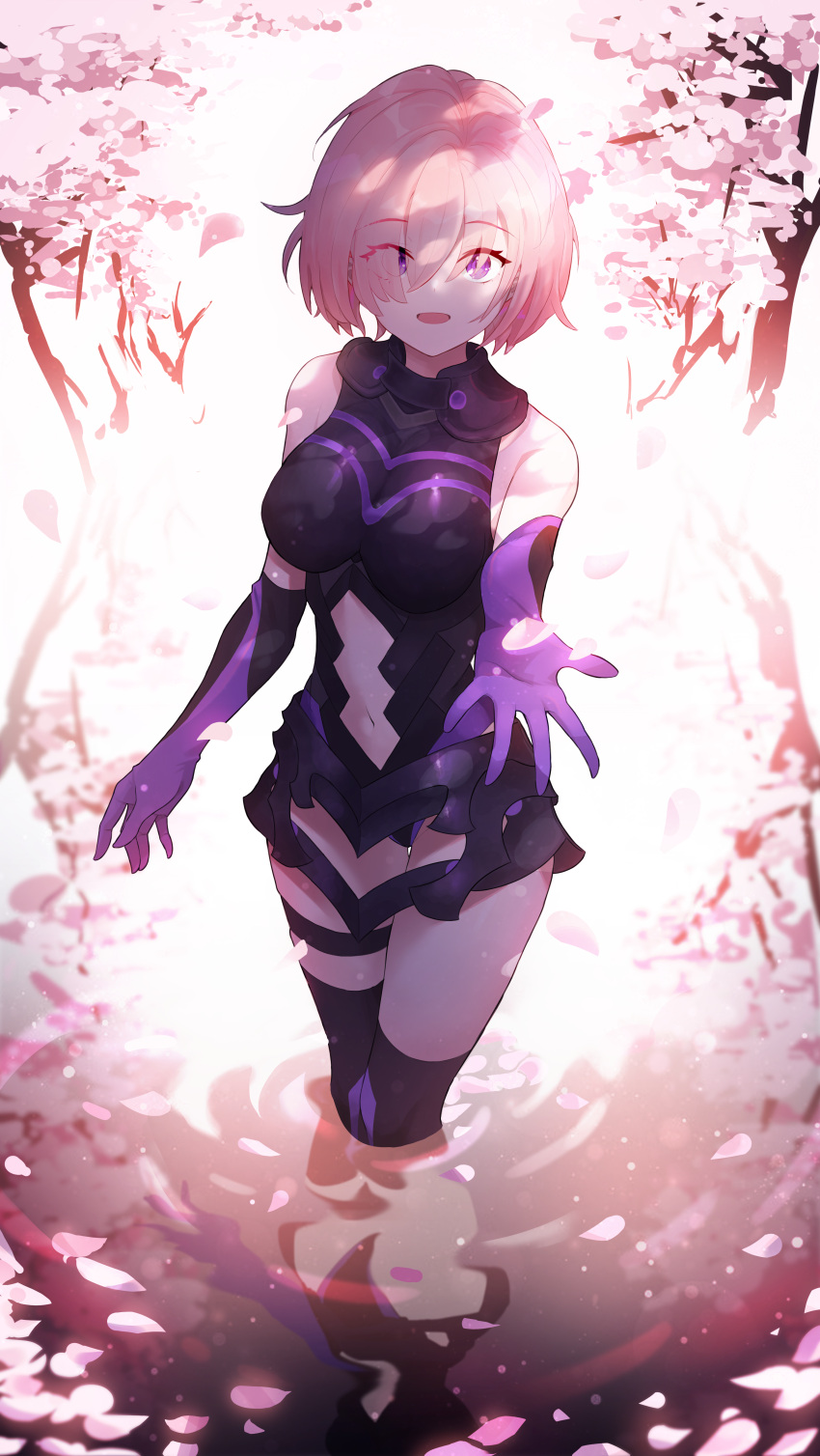 1girl, absurdres, armor, armored_dress, bangs, cherry_blossoms, elbow_gloves, eyebrows_behind_hair