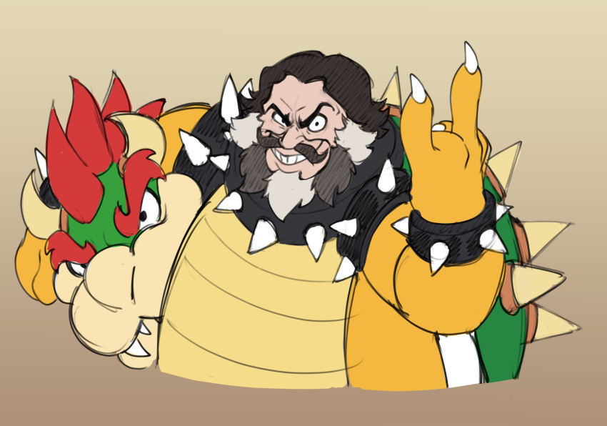 1boy, :d, armlet, beard, black_eyes, black_hair, bowser, bowser_(cosplay)