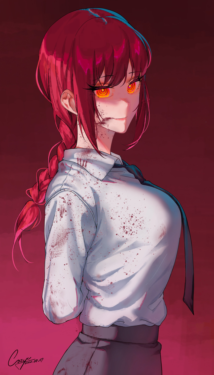 1girl, absurdres, arms_behind_back, black_neckwear, blood, blood_on_clothes, blood_on_face, blood_splatter