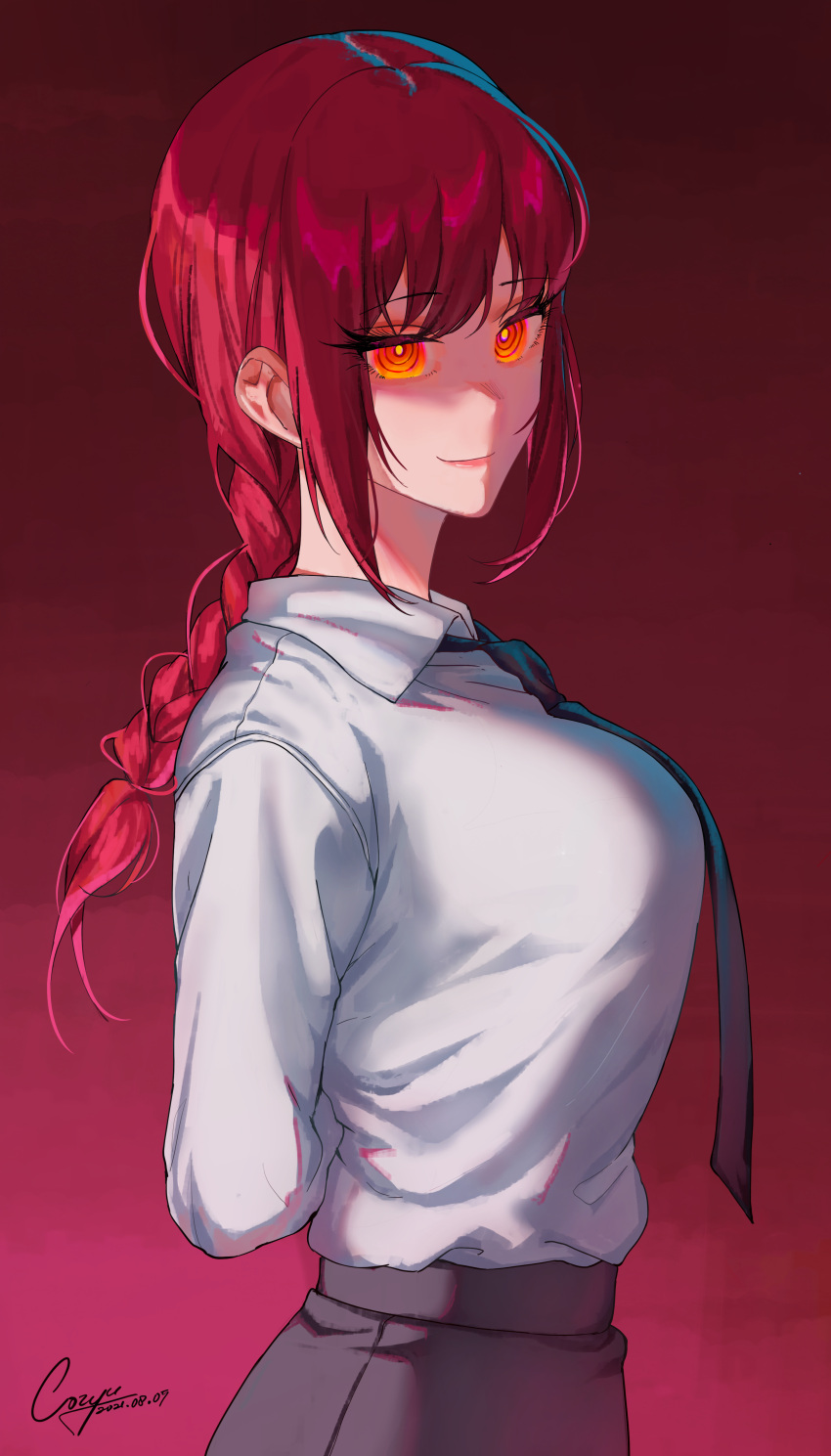 1girl, absurdres, arms_behind_back, black_neckwear, braid, breasts, chainsaw_man, closed_mouth, collared_shirt, cozyu, dated, from_side, highres, large_breasts, long_hair, looking_at_viewer, looking_to_the_side, makima_(chainsaw_man), necktie, necktie_overhang, orange_eyes, original, red_background, redhead, ringed_eyes, shirt, sidelocks, signature, simple_background, single_braid, smile, solo, upper_body, white_shirt, wing_collar
