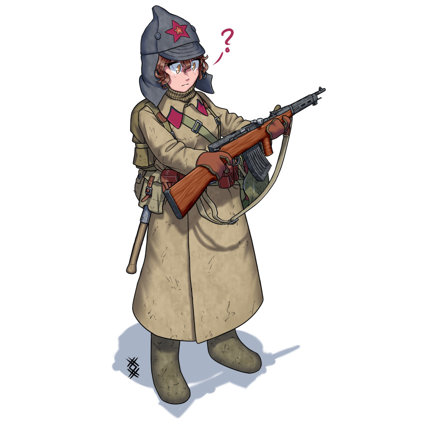 1girl, ?, absurdres, backpack, bag, bangs, boots, brown_eyes, brown_gloves, brown_hair, budenovka, closed_mouth, coat, fedorov_avtomat, full_body, gloves, green_coat, green_footwear, grey_headwear, gun, hair_between_eyes, hat, highres, holding, holding_gun, holding_weapon, long_sleeves, looking_at_object, medium_hair, military, military_coat, military_hat, military_uniform, original, ostwindprojekt, shadow, shovel, simple_background, solo, soviet, soviet_army, uniform, wavy_hair, weapon, white_background
