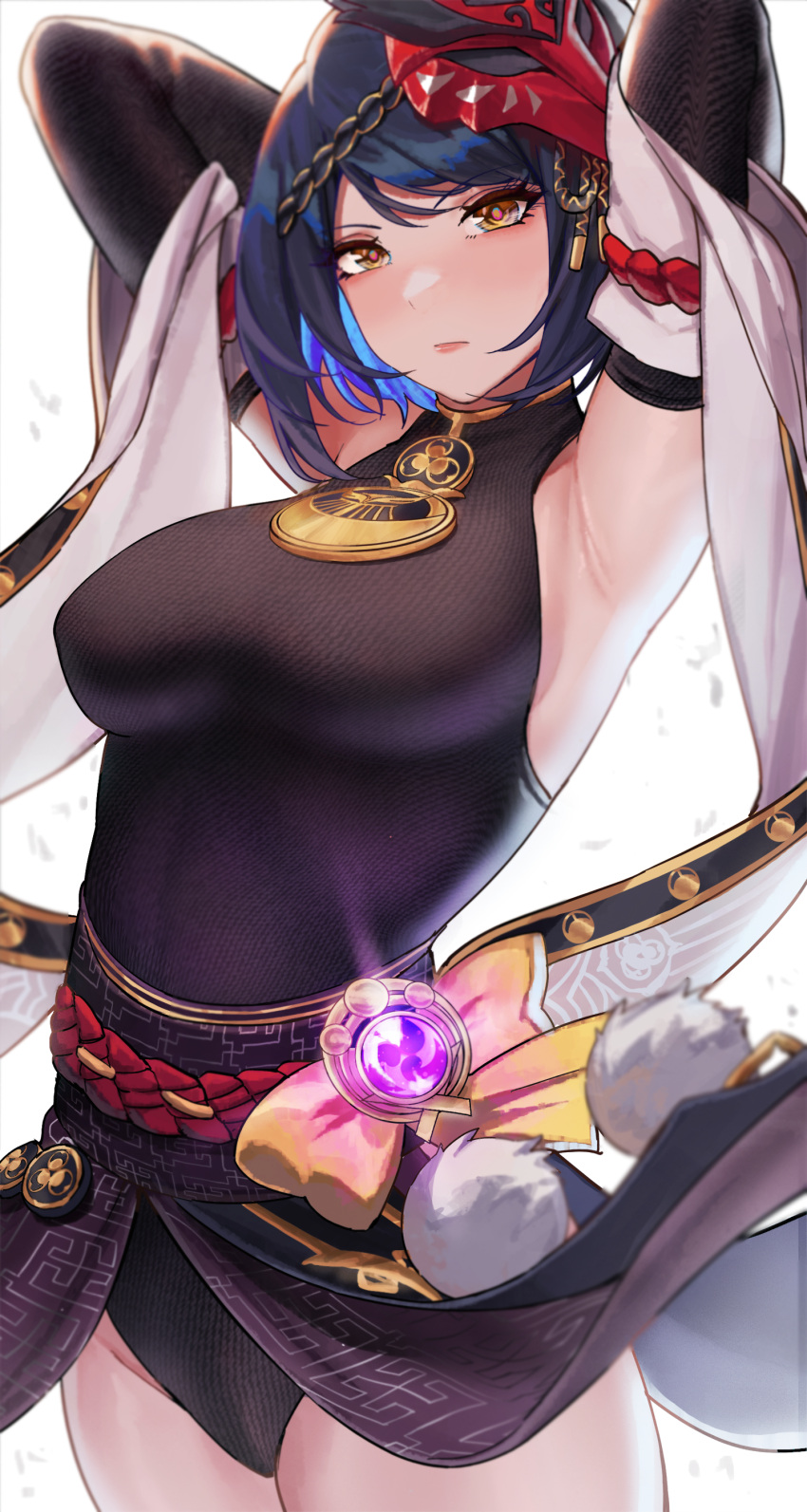 1girl, absurdres, armpits, bird_mask, black_hair, black_leotard, blue_hair, breasts, closed_mouth, cowboy_shot, cozyu, detached_sleeves, genshin_impact, highres, kujou_sara, large_breasts, leotard, looking_at_viewer, mask, mask_on_head, medium_hair, presenting_armpit, red_sash, sash, short_hair, sleeveless, solo, sweat, white_background, wide_sleeves, yellow_eyes