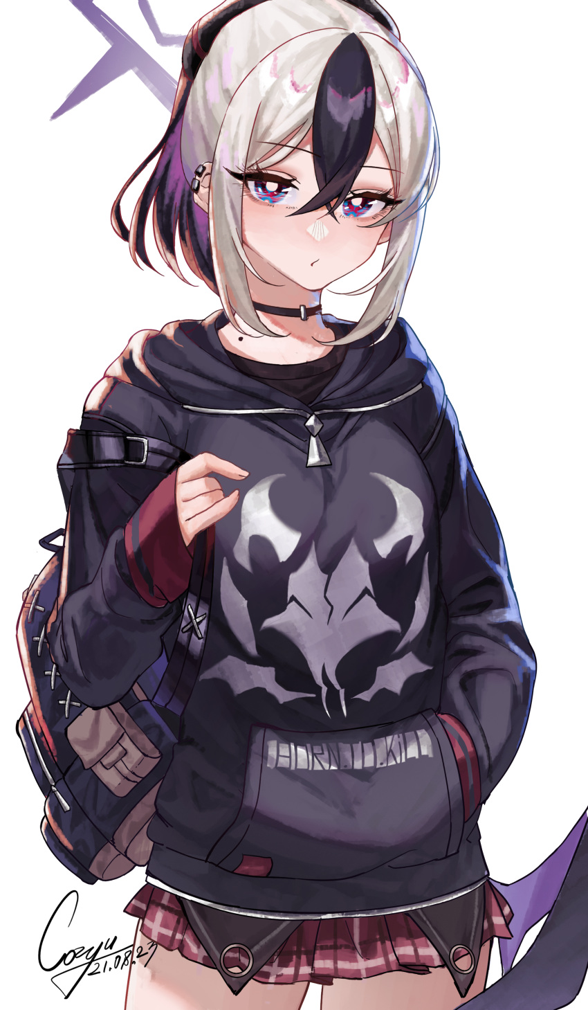 1girl, :/, absurdres, backpack, bag, black_choker, black_hoodie, blue_archive, bright_pupils, choker, closed_mouth, cowboy_shot, cozyu, dated, ear_clip, hair_between_eyes, halo, hand_in_pocket, hand_up, highres, hood, hood_down, hoodie, kayoko_(blue_archive), long_sleeves, looking_at_viewer, miniskirt, mole, mole_on_neck, multicolored, multicolored_eyes, multicolored_hair, pleated_skirt, red_skirt, signature, simple_background, skirt, sleeves_past_wrists, solo, streaked_hair, white_background, white_hair, white_pupils