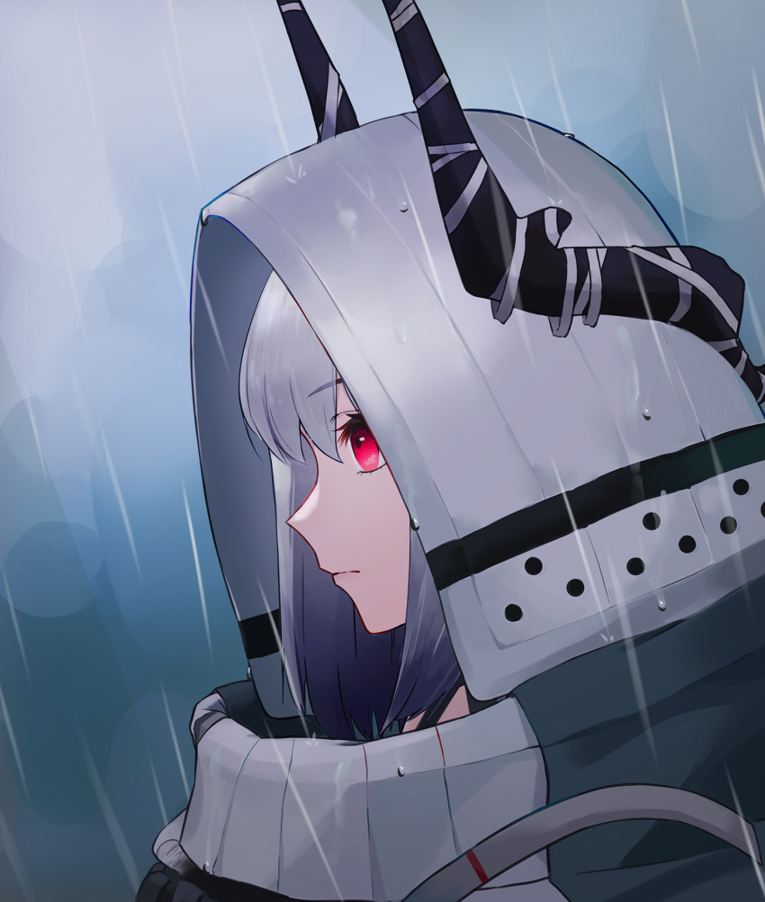 1girl, arknights, bangs, coat, eyebrows_behind_hair, eyebrows_visible_through_hair, from_side, grey_hair, hat, highres, hood, hoodie, horns, mudrock_(arknights), oni22, rain, red_eyes, scarf, silver_hair, simple_background, solo, upper_body