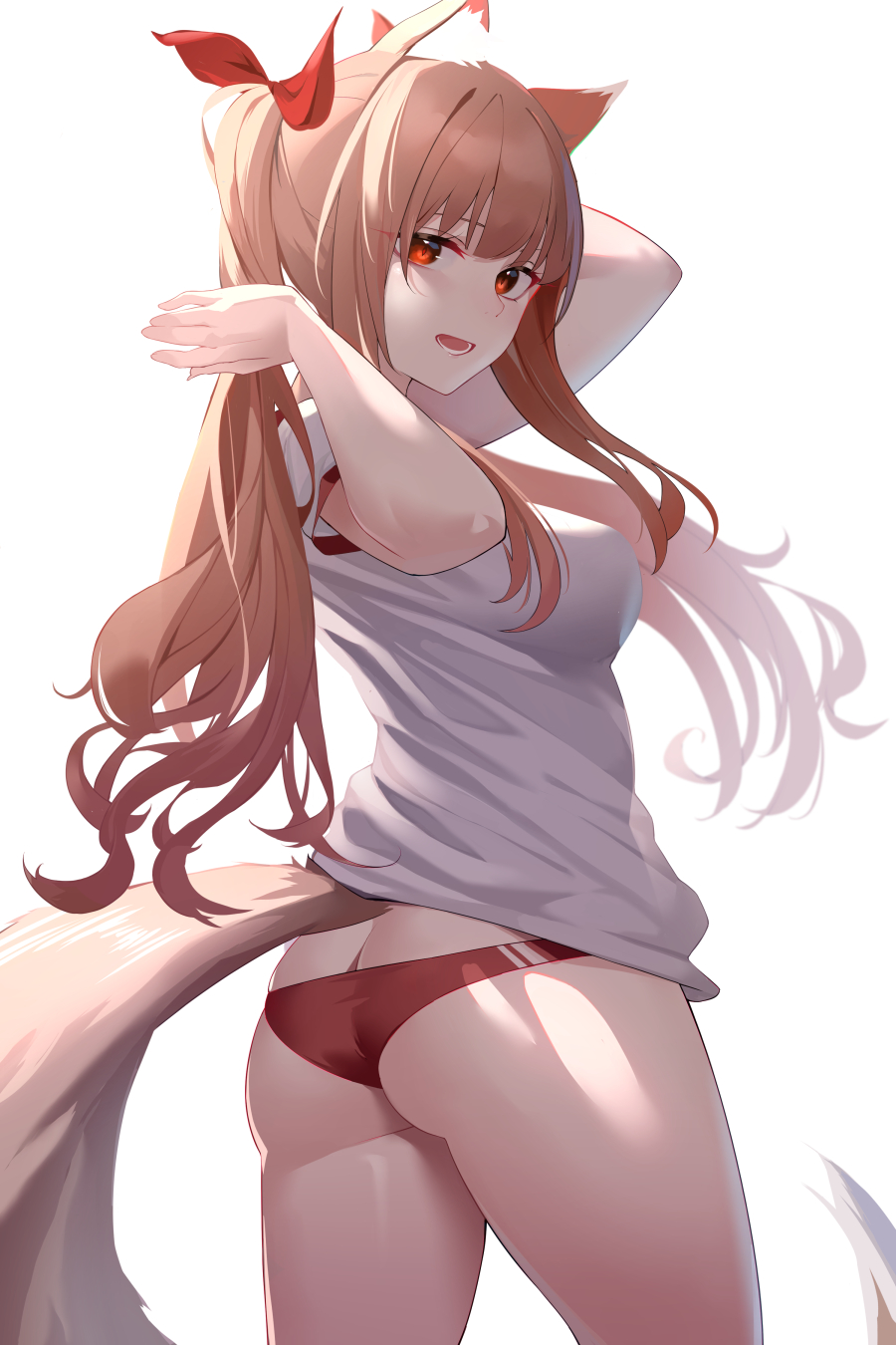 1girl, :d, animal_ear_fluff, animal_ears, arms_up, ass, bangs, breasts