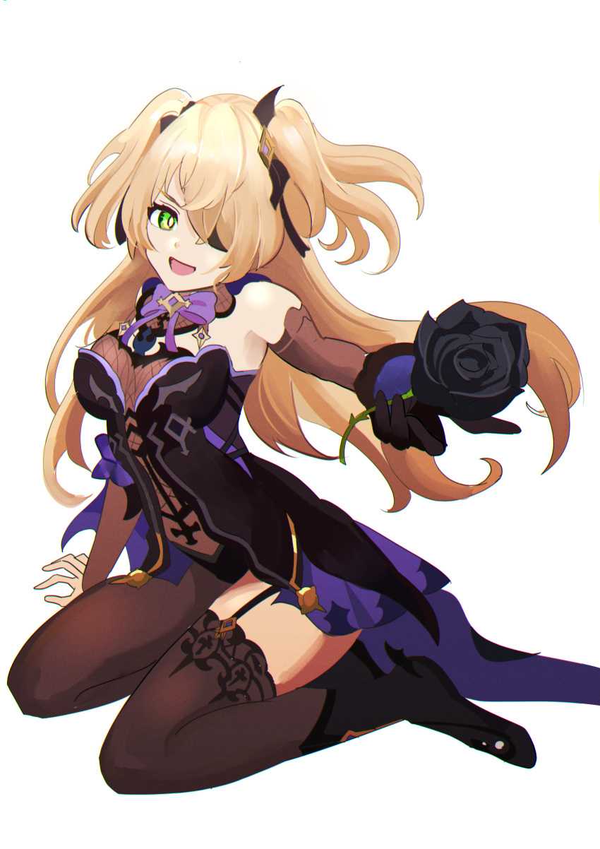1girl, absurdres, arm_up, armpits, asymmetrical_legwear, bangs, black_flower, black_nails