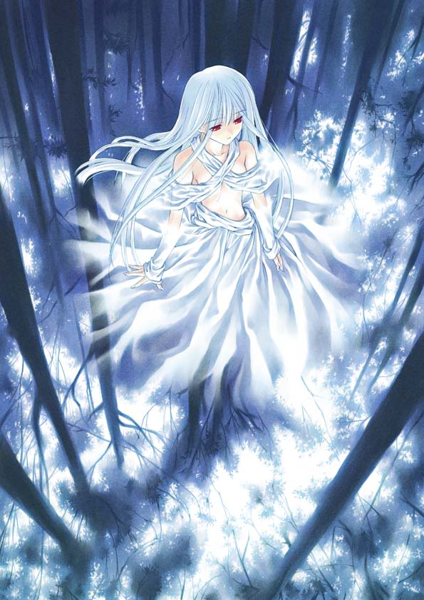 dress, forest, ice, light_hair, red_eyes, trees