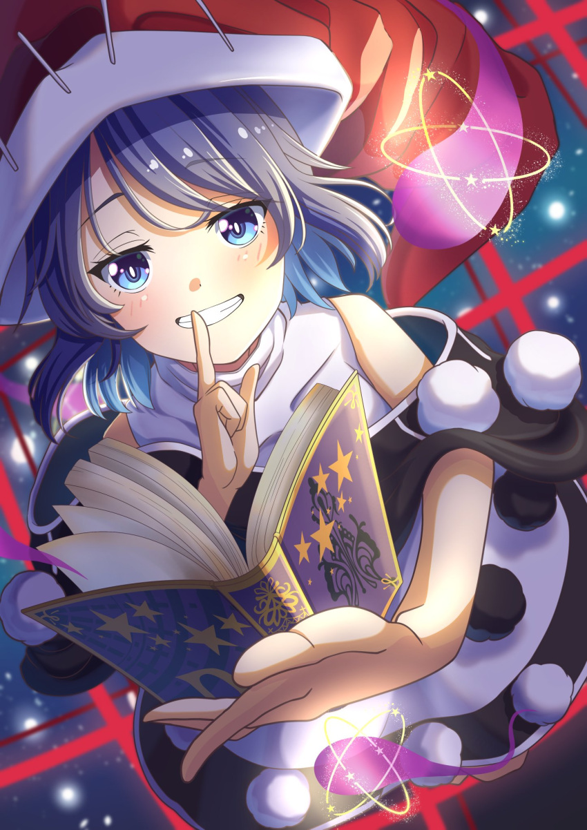 1girl, amanoyayuki, bangs, black_capelet, black_dress, blue_eyes, blue_hair, blush, book, capelet, commentary, doremy_sweet, dream_soul, dream_world_(touhou), dress, eyebrows_visible_through_hair, finger_to_mouth, full_body, hair_between_eyes, hat, highres, holding, holding_book, looking_at_viewer, nightcap, off_shoulder, open_mouth, pom_pom_(clothes), red_headwear, short_hair, solo, tail, tapir_tail, touhou, turtleneck, two-tone_dress, white_dress