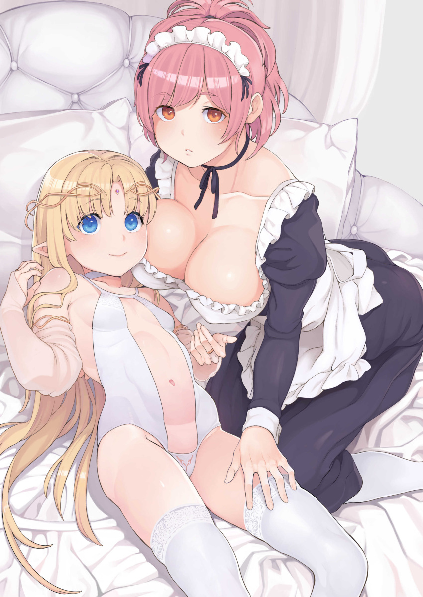 2girls, absurdres, apron, black_choker, black_dress, black_neckwear, black_ribbon, blonde_hair, blue_eyes, blush, breasts, bridal_gauntlets, choker, circlet, closed_mouth, cover_image, dress, elf, forehead_jewel, highres, juliet_sleeves, leotard, long_dress, long_hair, long_sleeves, looking_at_viewer, lying, maid, maid_apron, maid_headdress, multiple_girls, navel, neck_ribbon, on_back, orange_eyes, original, parted_lips, pink_hair, pointy_ears, ponytail, puffy_sleeves, revealing_clothes, ribbon, ribbon_choker, sanpaku, satetsu, small_breasts, smile, white_apron, white_leotard