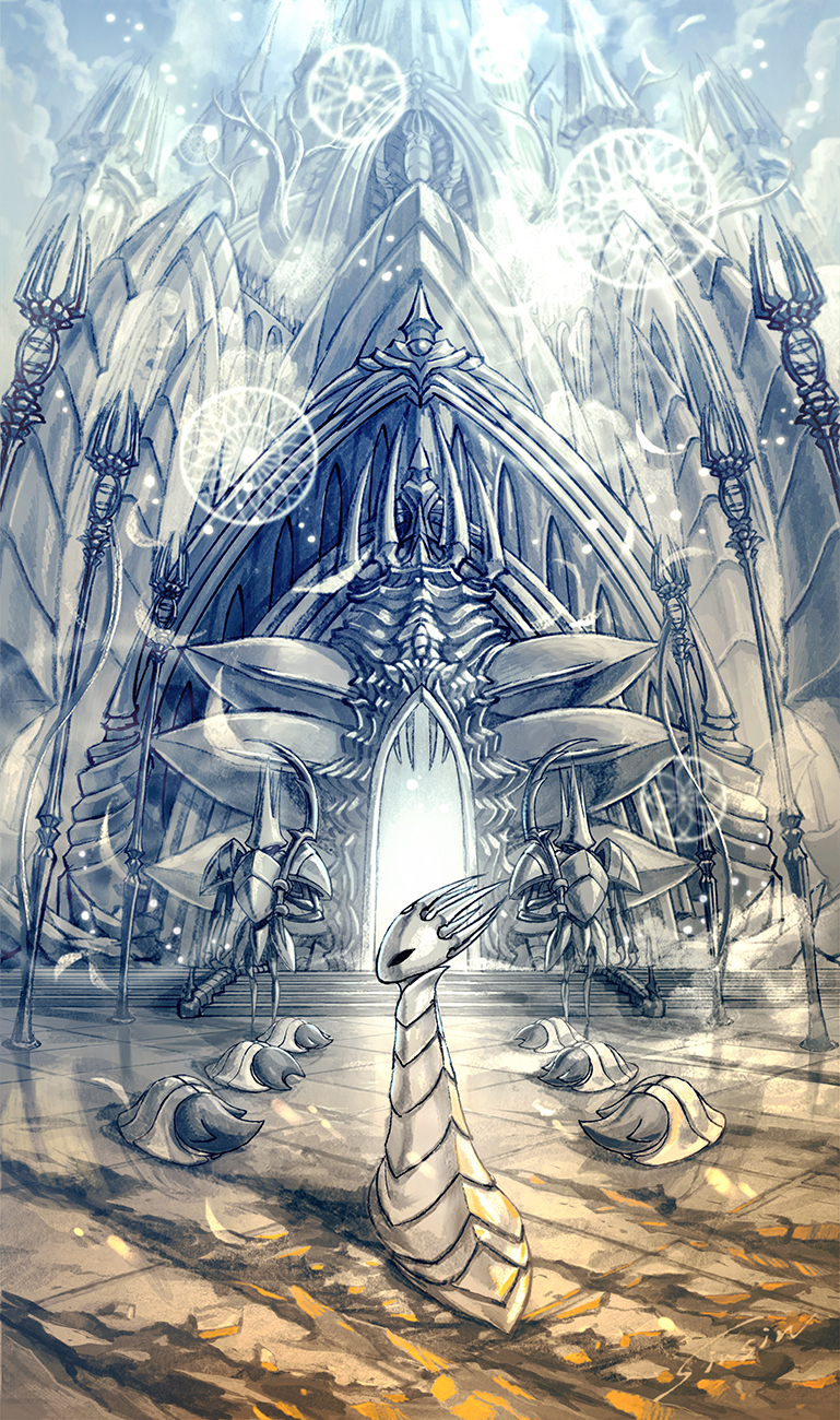 armor, bowing, castle, cloak, highres, holding, holding_weapon, hollow_eyes