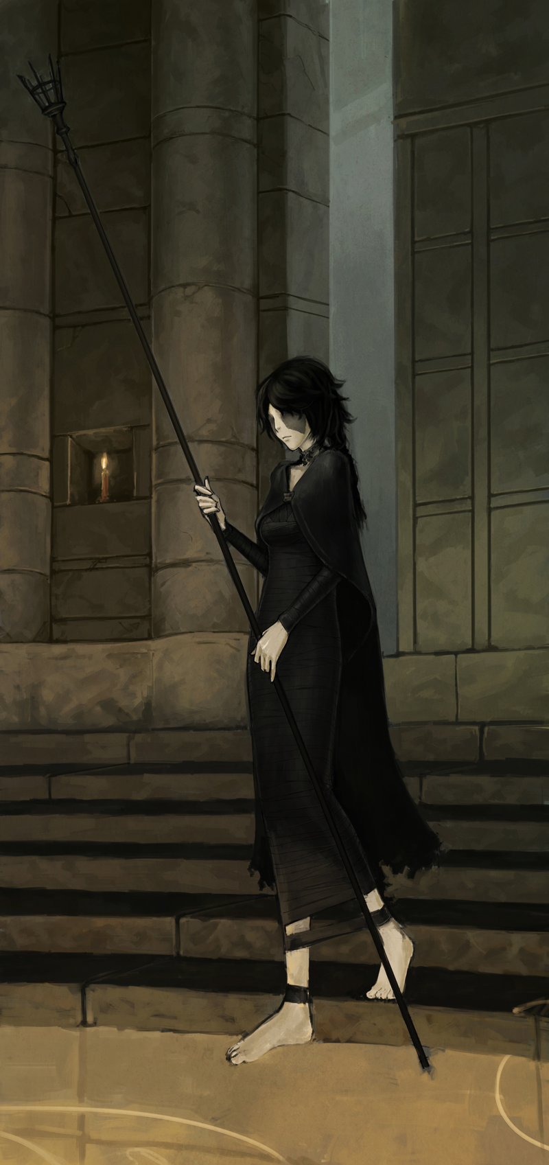 barefoot, black_hair, candle, choker, demon's_souls, dress, feet, female