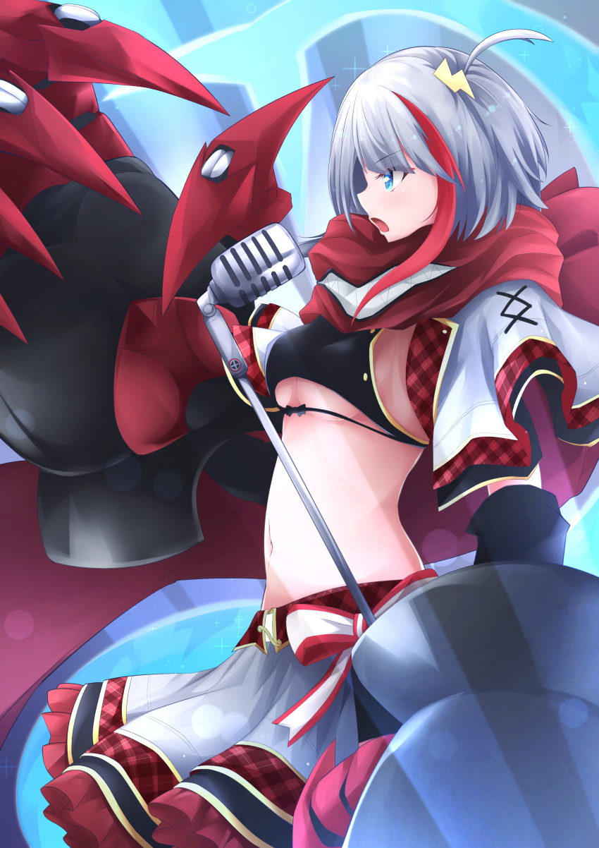 1girl, absurdres, admiral_graf_spee_(azur_lane), admiral_graf_spee_(ironblood_cutie)_(azur_lane), azur_lane, breasts, claws, clothing_cutout, fish_tail, highres, idol, light_blue_eyes, looking_to_the_side, mechanical_arms, mechanical_hands, microphone, midriff, miniskirt, multicolored_hair, music, osatou_(soul_of_sugar), red_scarf, scarf, shark_tail, short_hair, singing, skirt, small_breasts, solo, streaked_hair, tail, underboob_cutout, white_hair