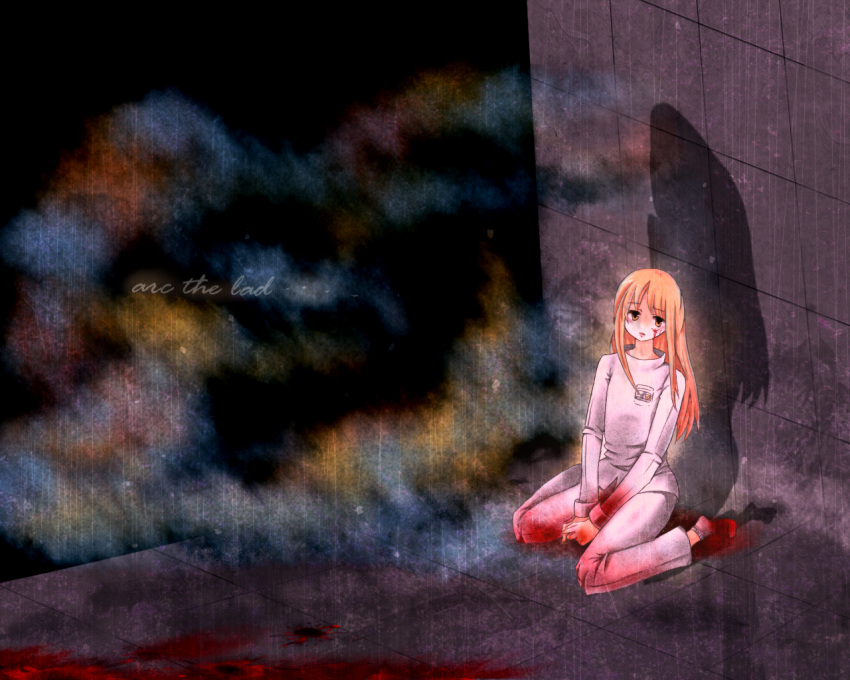 arc_the_lad, arc_the_lad_ii, bakesen, blonde_hair, blood, brown_eyes, female, long_hair, meril, sitting, solo
