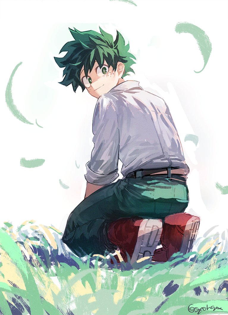 1boy, bangs, belt, black_pants, boku_no_hero_academia, brown_belt, closed_mouth, commentary_request, freckles, from_behind, grass, green_eyes, green_hair, grey_shirt, kneeling, long_sleeves, looking_at_viewer, looking_back, male_focus, matsuya_(pile), midoriya_izuku, pants, red_footwear, shirt, shoes, smile, solo, twitter_username, white_background
