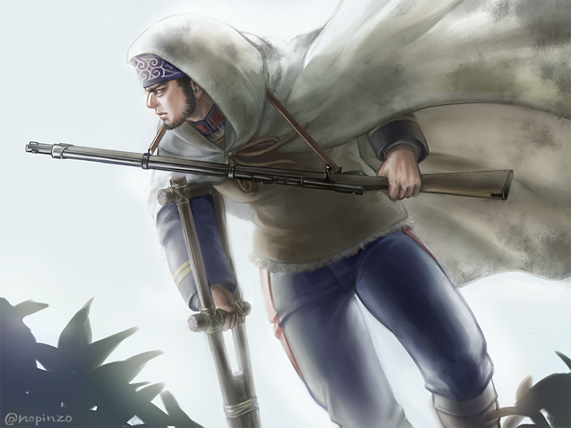 1boy, ainu_clothes, alternate_facial_hair, beard, black_hair, blue_pants, buzz_cut, facial_hair