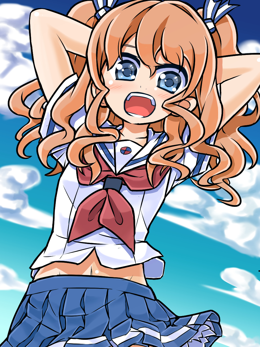 (mashio), 1girl, arms_behind_head, arms_up, blue_eyes, brown_hair, clouds, commentary