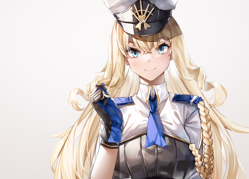 1girl, absurdres, alternate_uniform, black_gloves, blonde_hair, blue_eyes, blue_neckwear, breasts