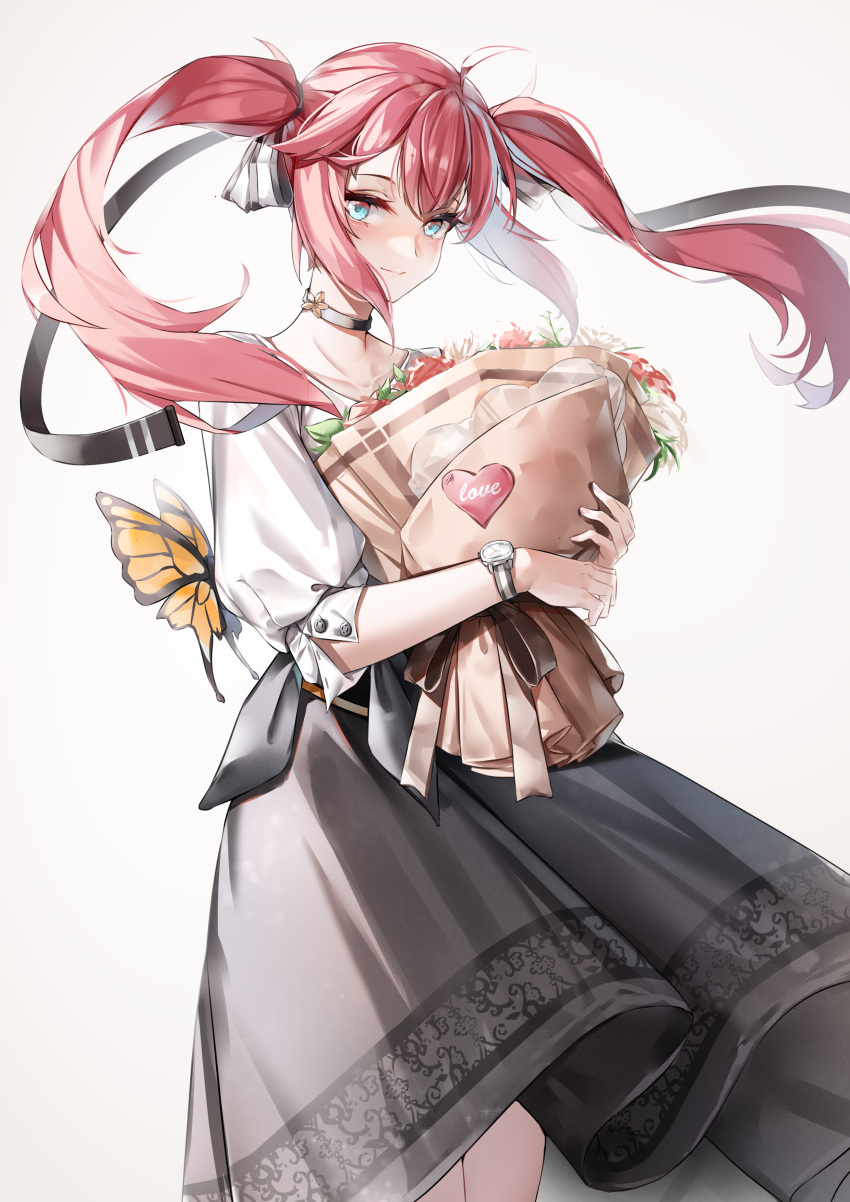 1girl, absurdres, black_ribbon, black_skirt, blue_eyes, blush, bouquet, bug