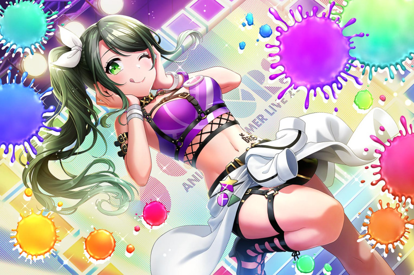 blush, d4dj, dress, green_eyes, green_hair, long_hair, shimizu_esora, smile