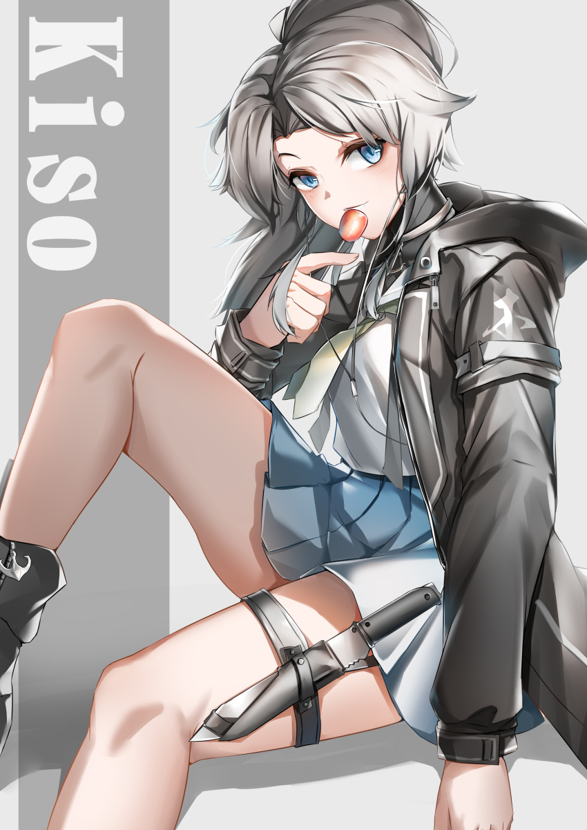 1girl, absurdres, black_jacket, blue_eyes, blue_skirt, candy, character_name, closed_mouth