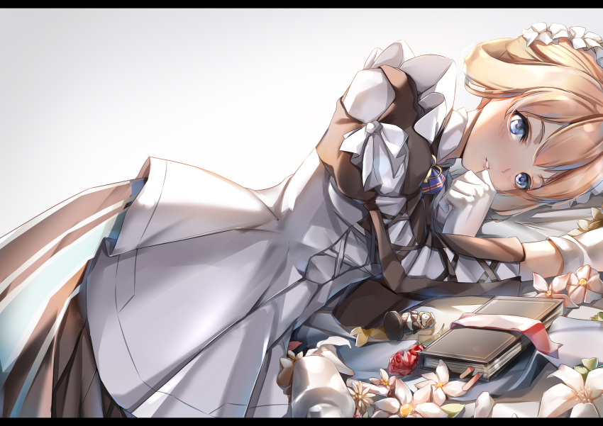1girl, absurdres, apron, blonde_hair, blue_eyes, book, eyebrows_visible_through_hair, flower
