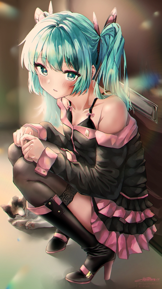 1girl, aqua_eyes, aqua_hair, bare_shoulders, black_bra, black_footwear, black_legwear, black_shirt